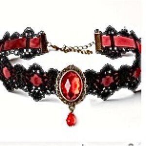 Elegant Black and Red Lace and Ribbon Choker with a red pendant. NIB.